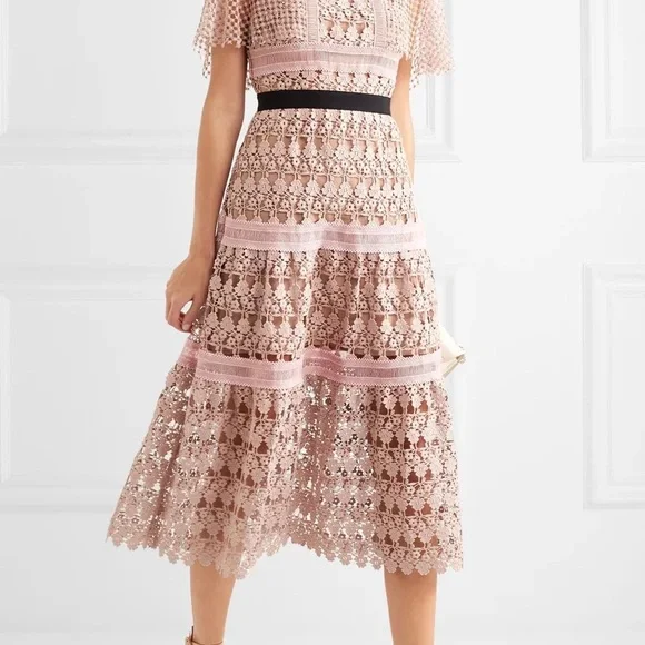 Self-Portrait Blush Pink Crochet Mini Dress (above the knee)with Contrast Collar - Picture 8 of 10